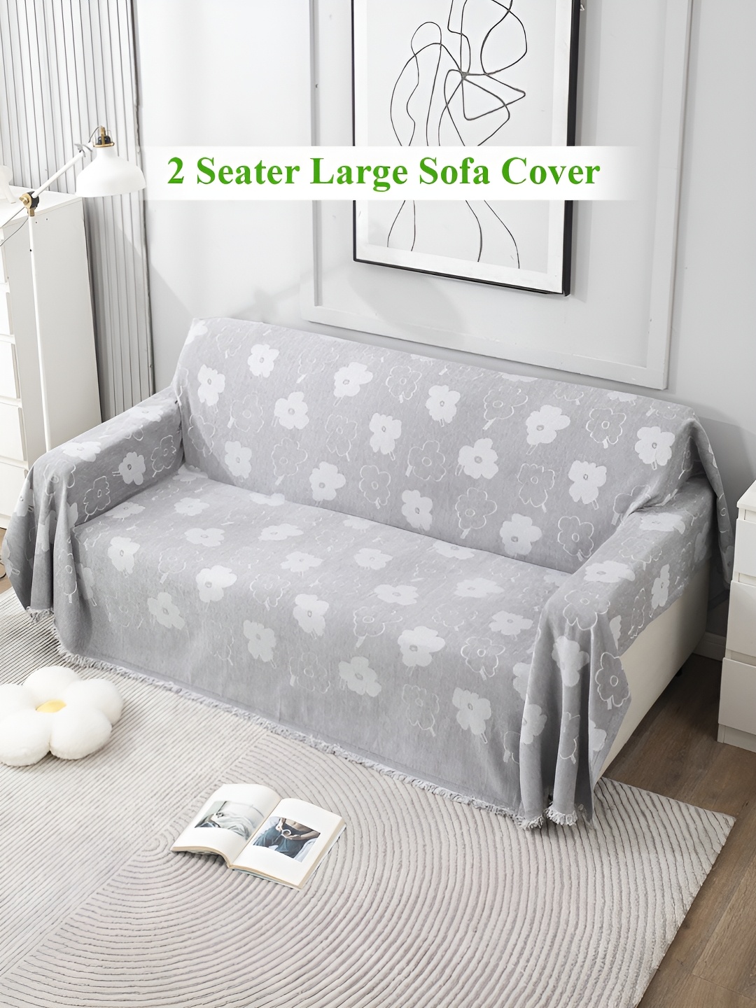 

HOKIPO Grey & White Floral Printed 2 Seater Rectangle Sofa Throw