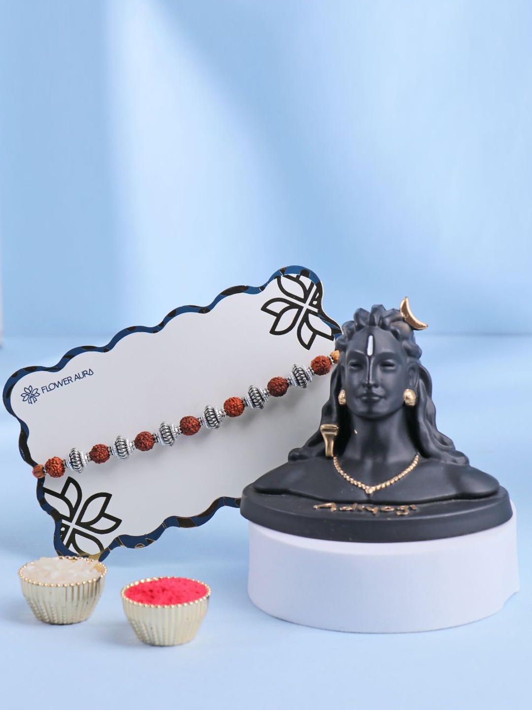 

Floweraura Set Of 2 Rudraksha Rakhi With Lord Shiva Adiyogi Idol & Roli Chawal, Red