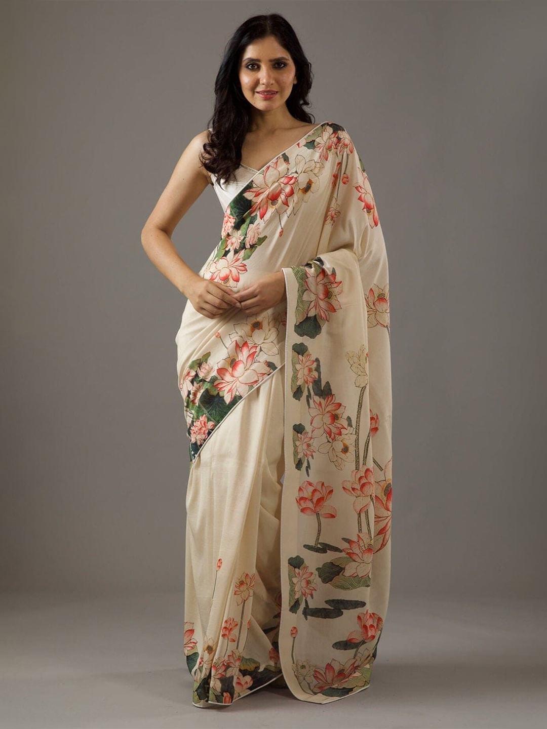 

PHORIA STYLE Floral Pure Chiffon Saree, Cream