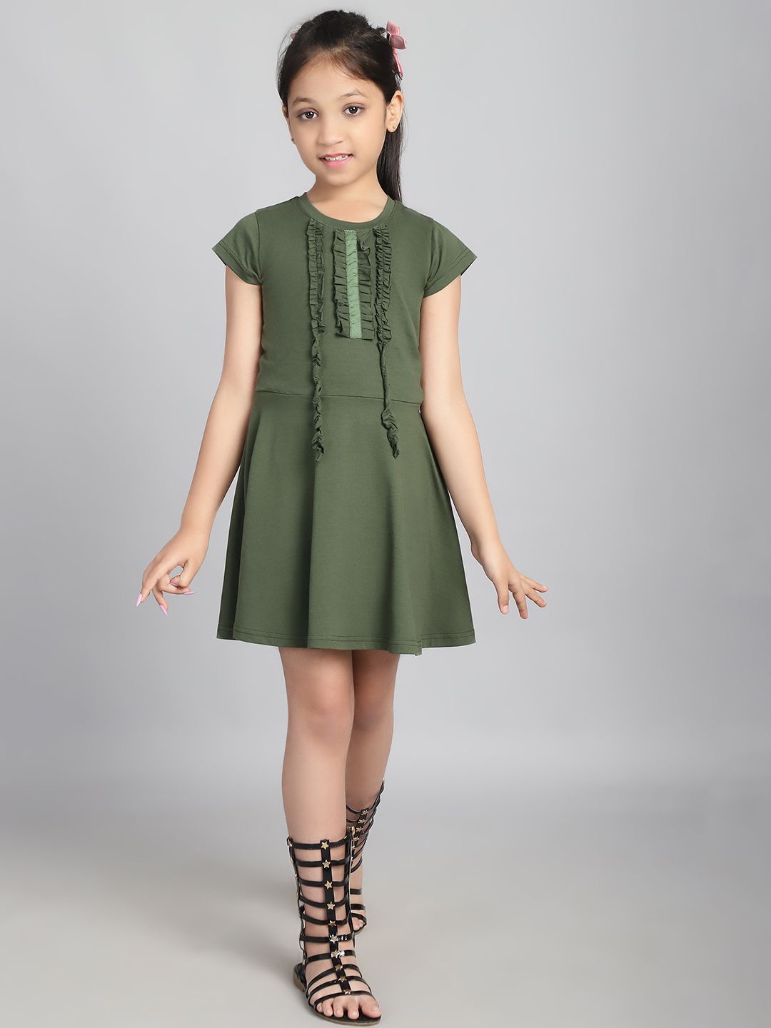 

Baawri Girls Solid A-Line Dress, Olive