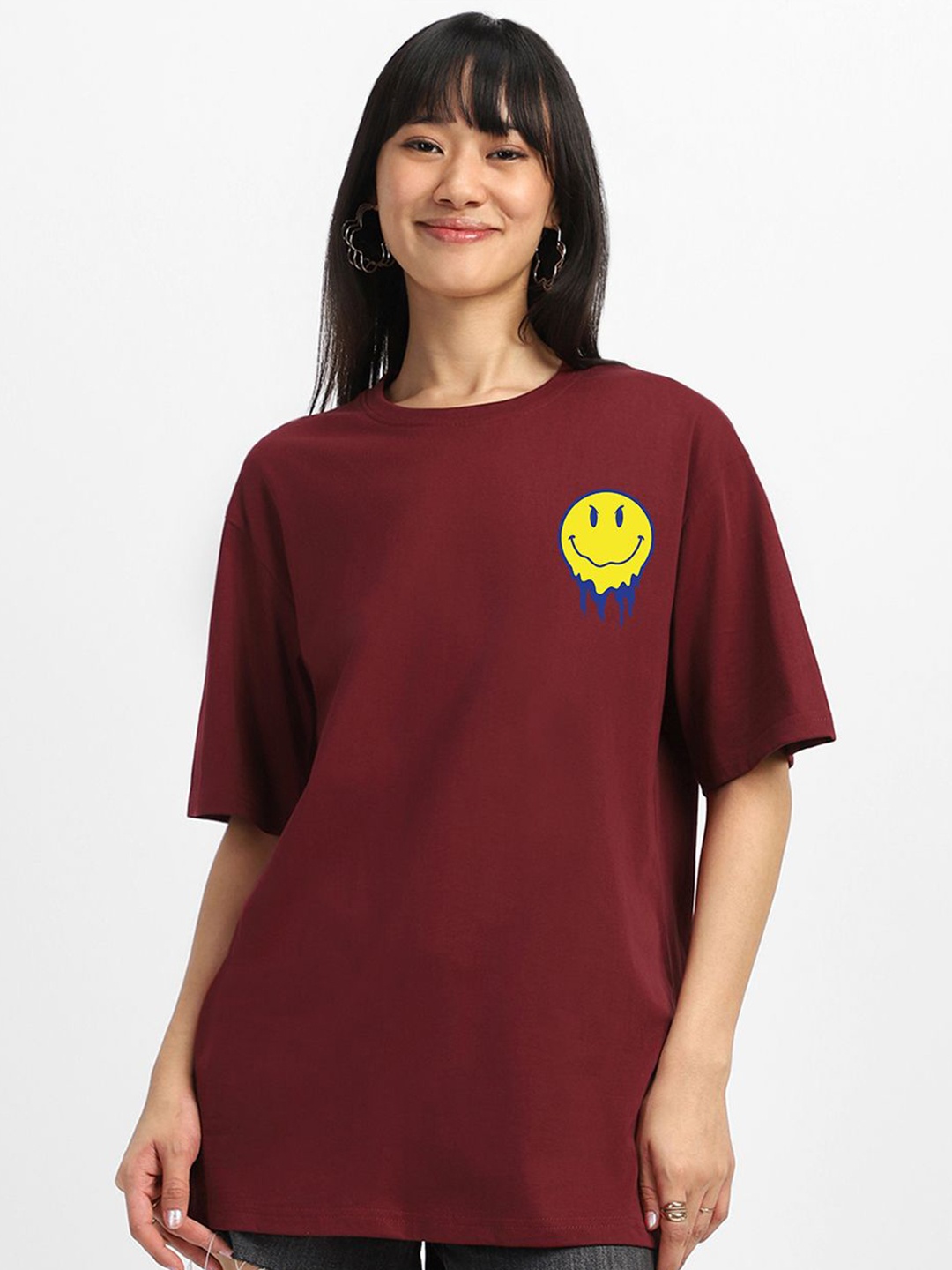 

JUNEBERRY Women Graphic Printed Drop Shoulder Sleeves Oversized Pure Cotton T-shirt, Maroon