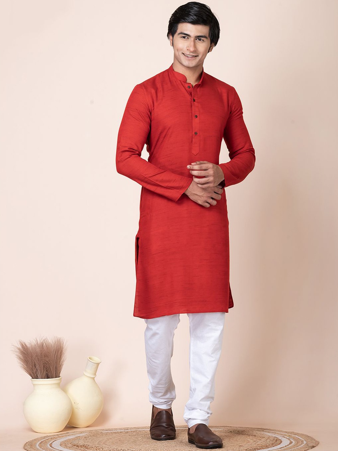 

HU - Handcrafted Uniquely Mandarin Collar Straight Kurta, Red
