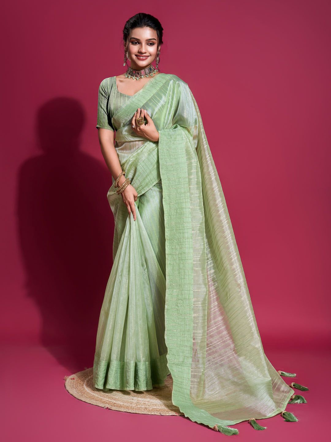 

Meena Bazaar Zari Woven Striped Organza Saree, Green