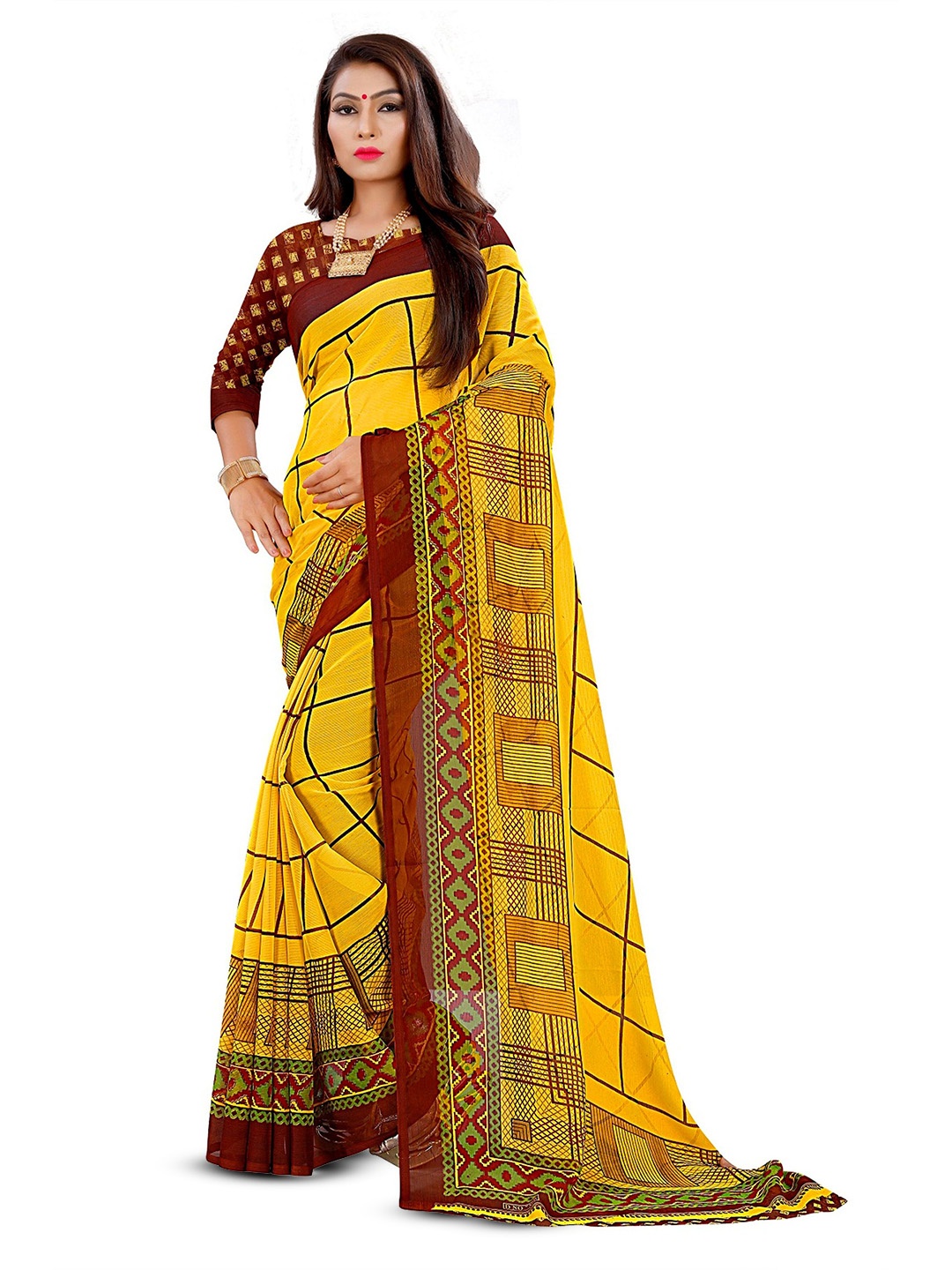 

RUNAYA NX Checked Pure Georgette Saree, Yellow