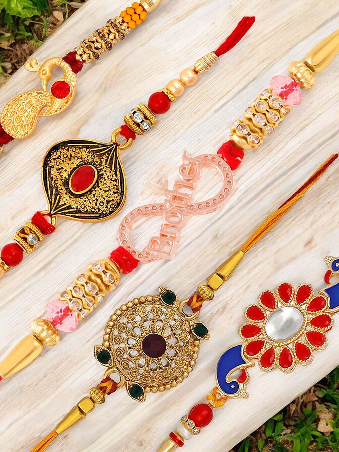 

Okos Set Of 6 Gold Plated Beaded Thread Rakhi