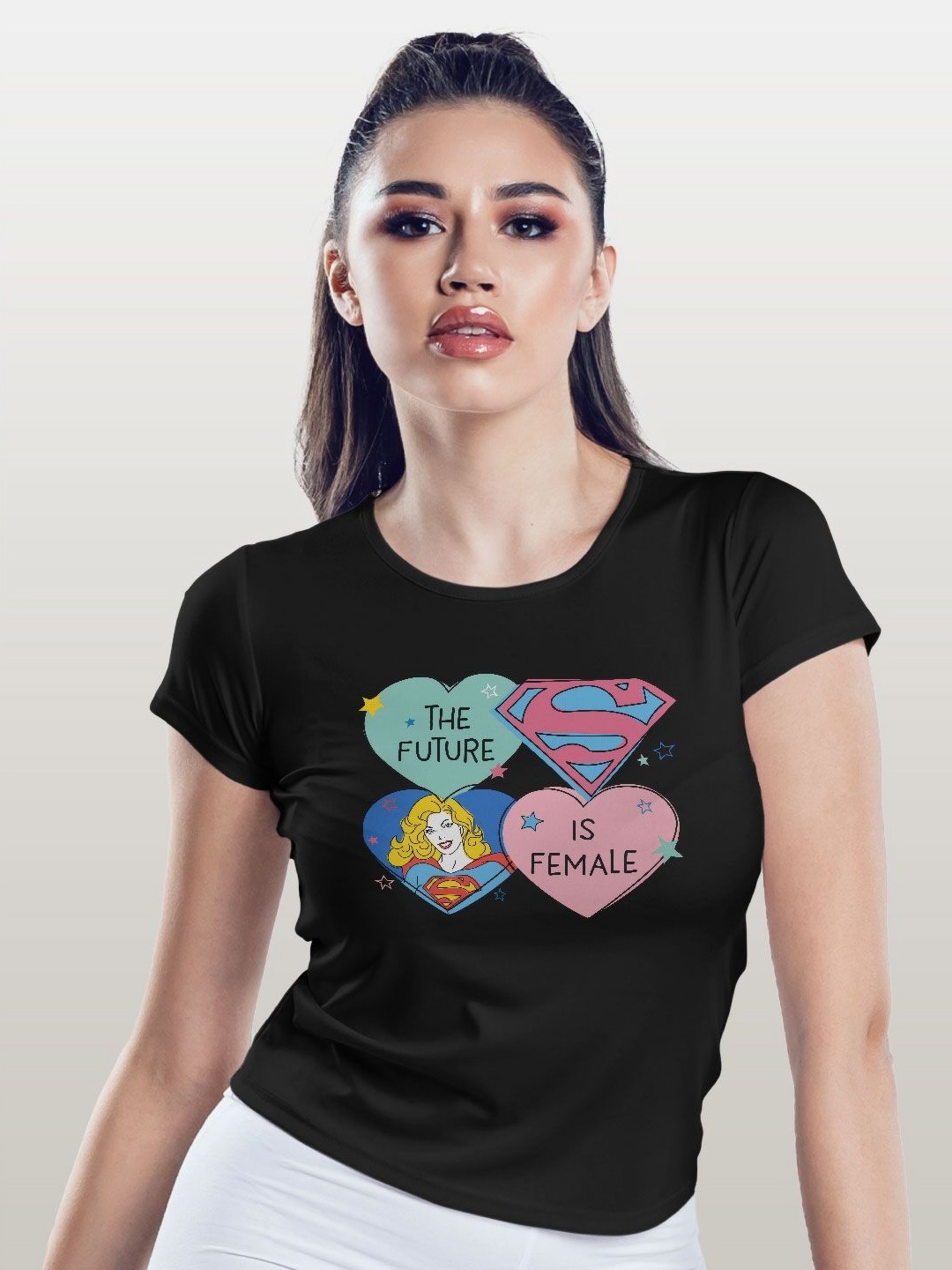

macmerise Women Printed Applique T-shirt, Black