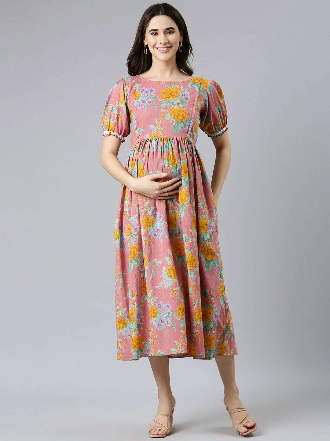 

Swishchick Floral Printed Puff Sleeve Maternity Fit & Flare Midi Ethnic Dress, Pink