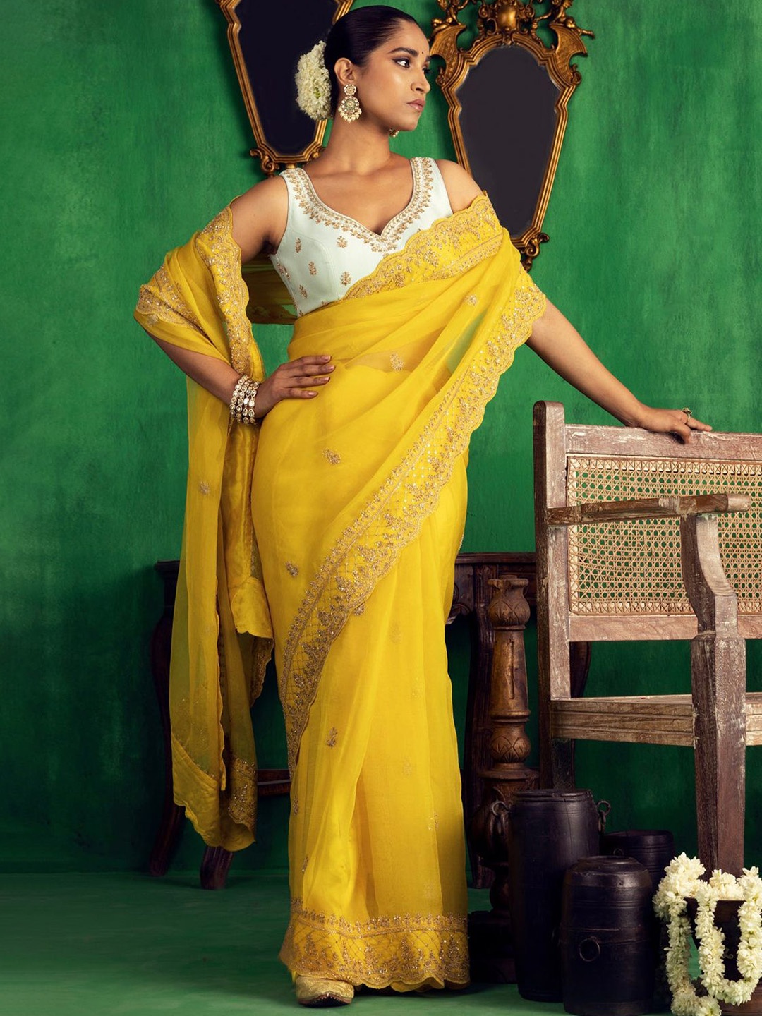 

JIGAR MALI Embellished Sequinned Organza Saree, Yellow