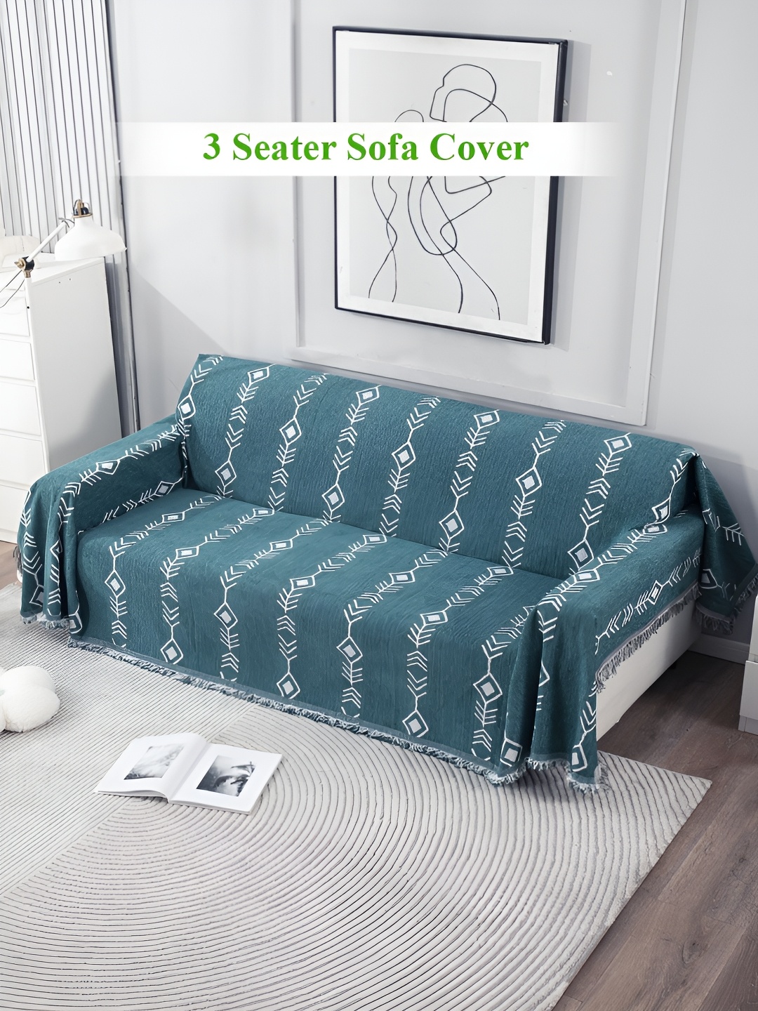 

HOKIPO Teal Green & White 3 Seater Sofa Throw