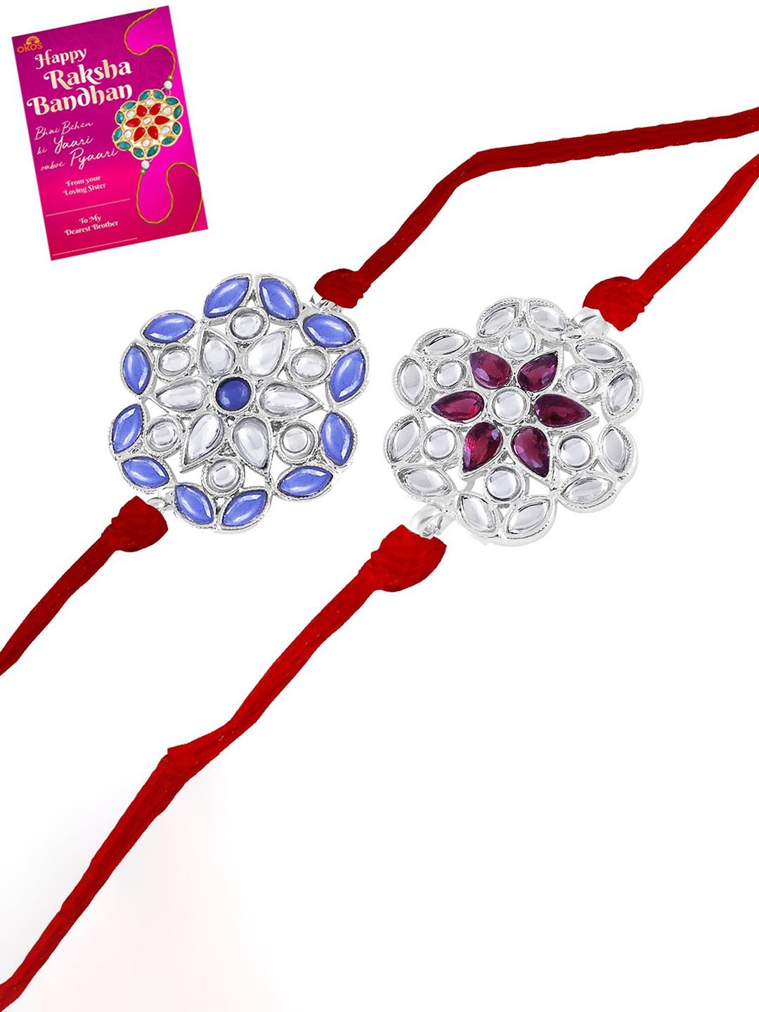 

Okos Set Of 2 Rhodium Plated Stones Studded Thread Rakhi With Greeting Card, Silver