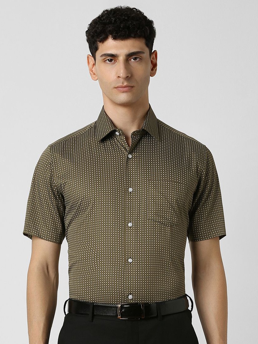 

Van Heusen Men Spread Collar Micro Ditsy Printed Cotton Formal Shirt, Olive