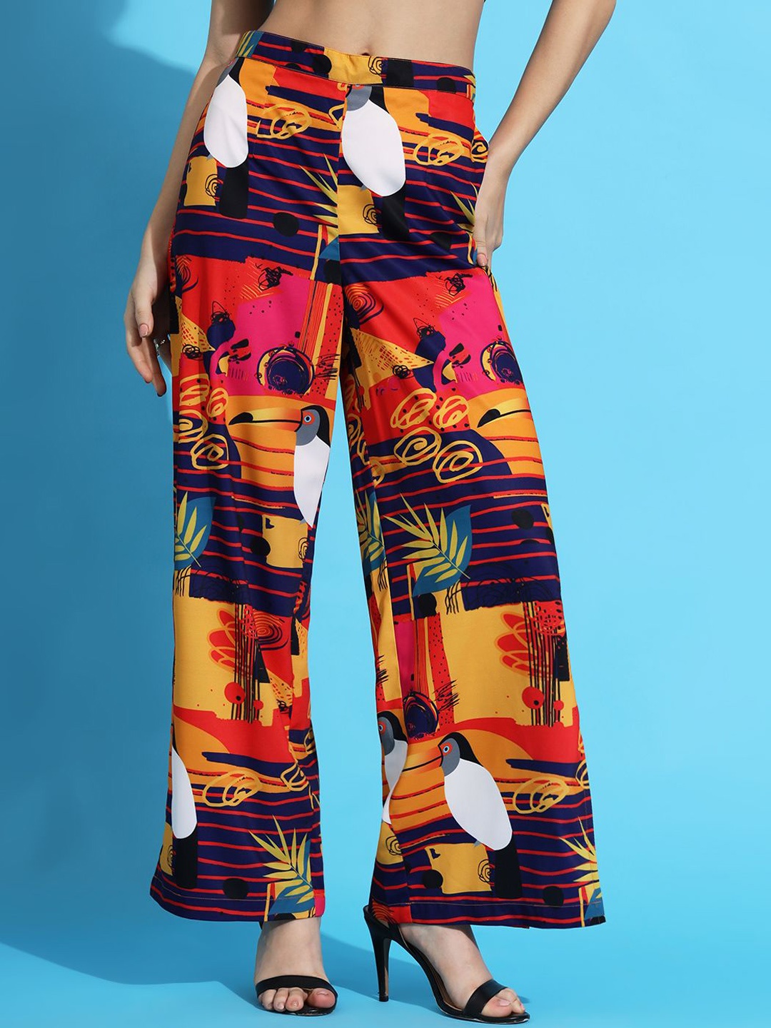 

FITHUB Women Printed Loose Fit High-Rise Trousers, Orange
