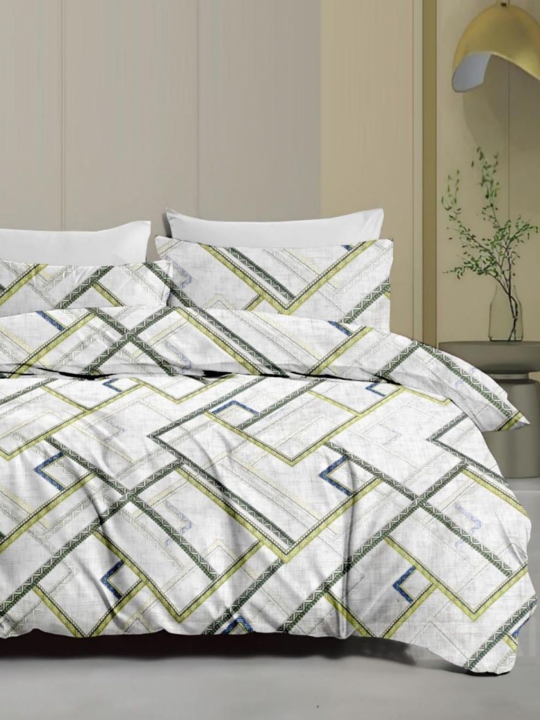 

Signature White & Green Geometric 160 TC Queen Bedsheet with 2 Pillow Covers