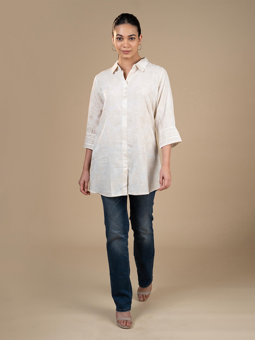 

Vividha creation Floral Embroidered Shirt Collar Kurti, Off white