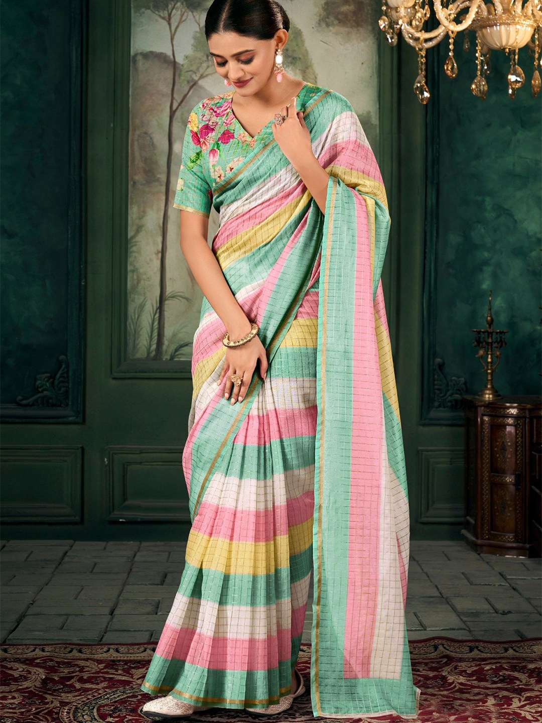 

MySilkLove Striped Zari Chanderi Saree, Green