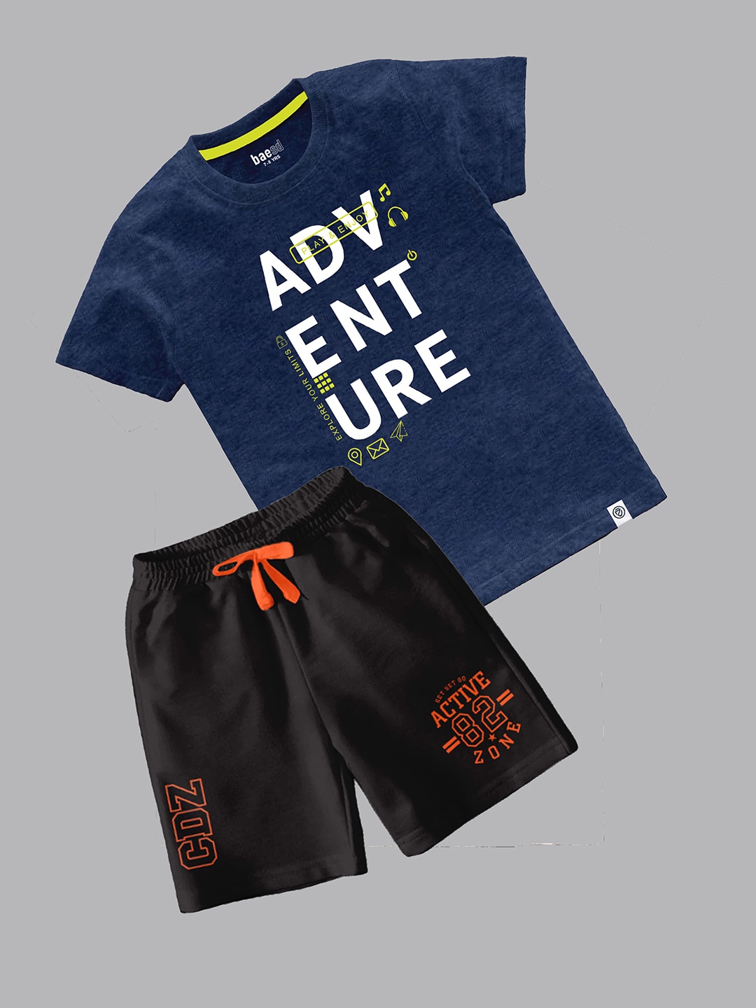 

BAESD Boys Typography Printed Round Neck T-shirt With Shorts, Navy blue