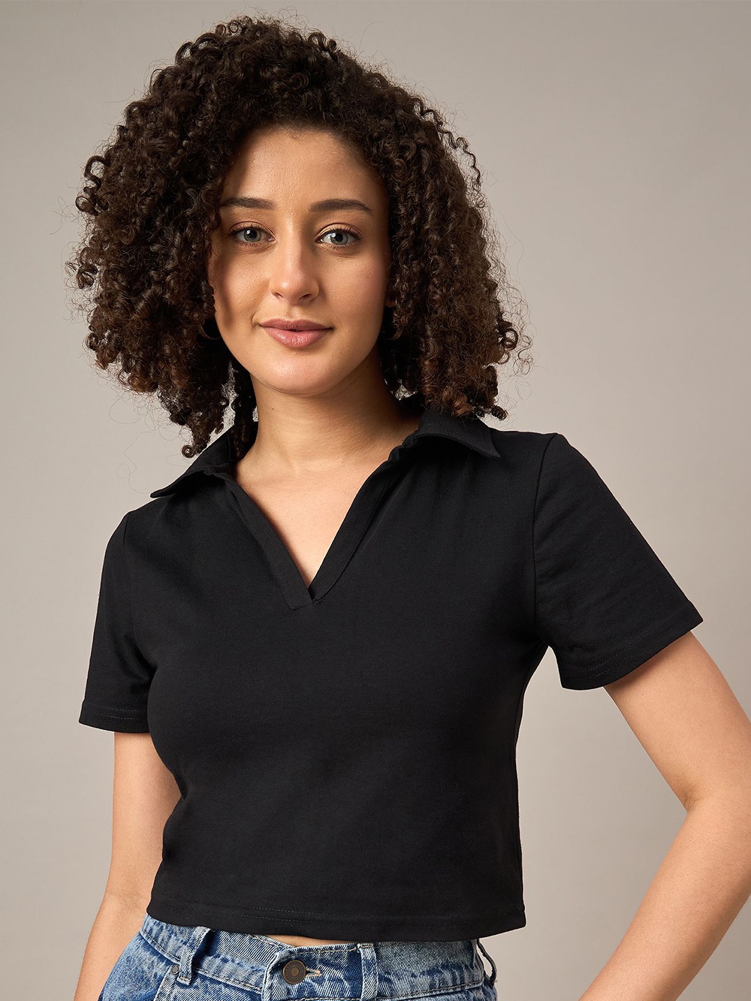 

The Roadster Lifestyle Co Cotton Crop Polo T-Shirt, Black