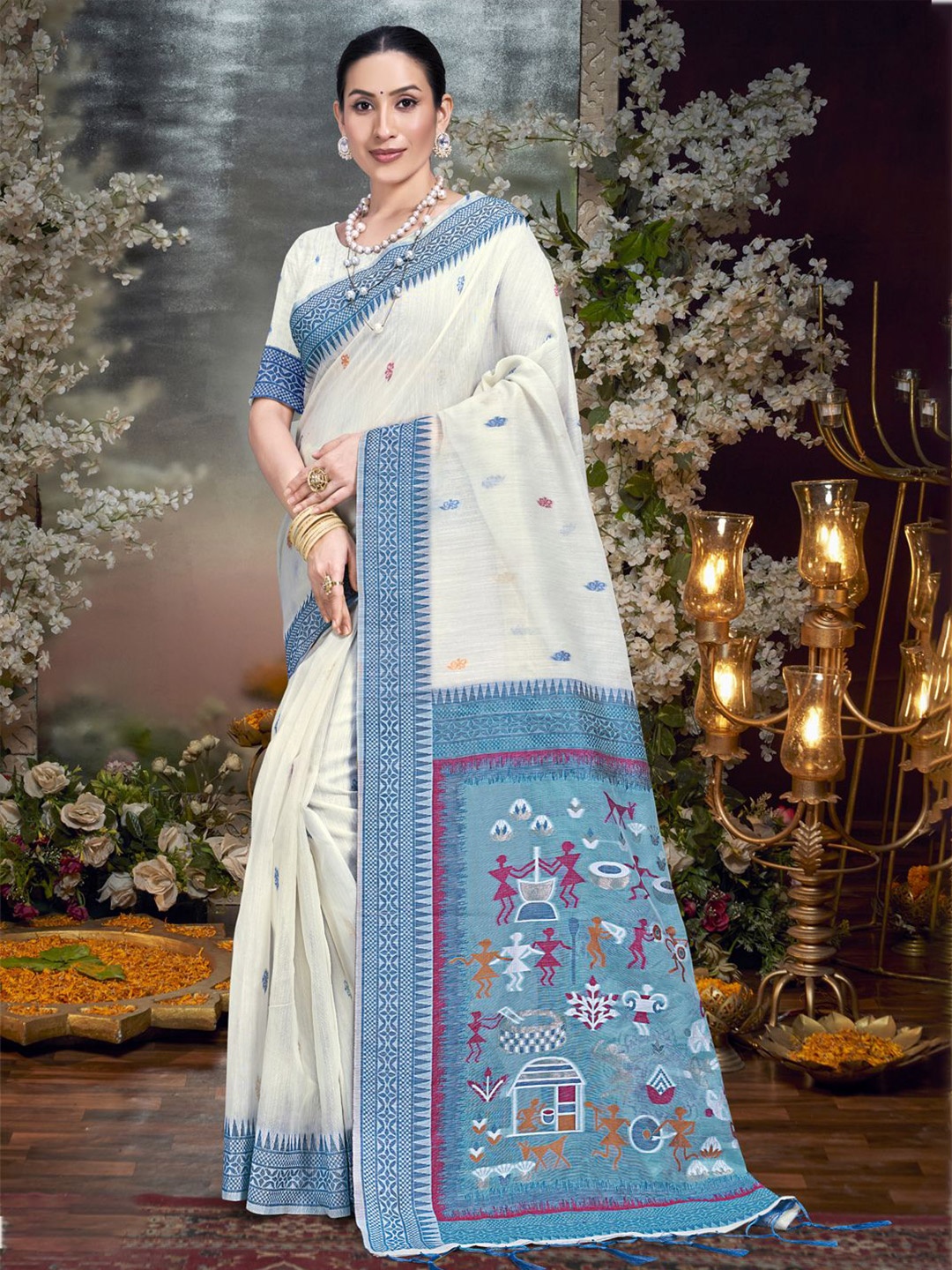 

SANGAM PRINTS Woven Design Zari Tussar Saree, Cream