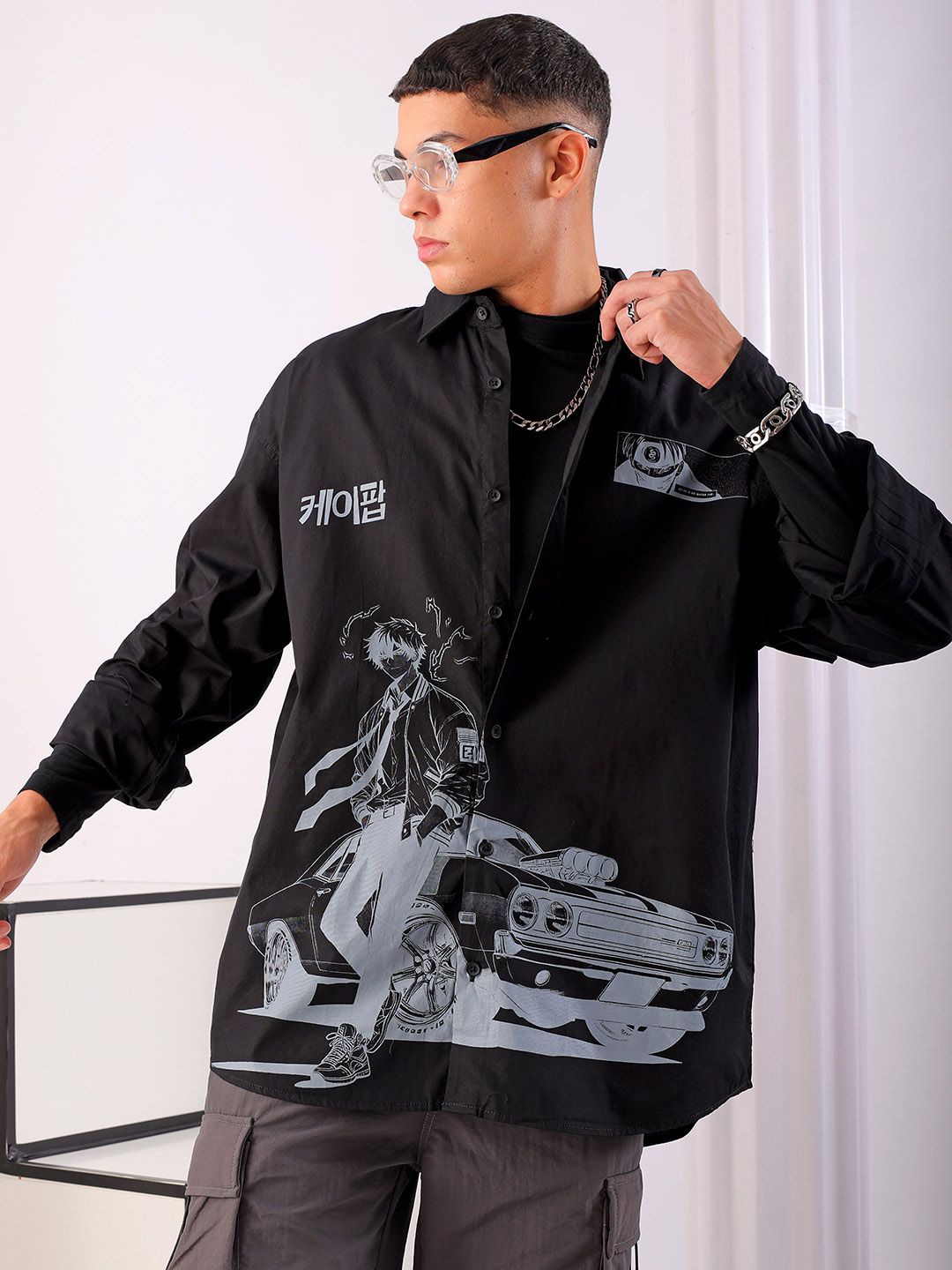 

The Indian Garage Co Men Anime Printed Cotton Oversized Boxy Streetwear Shirt, Black