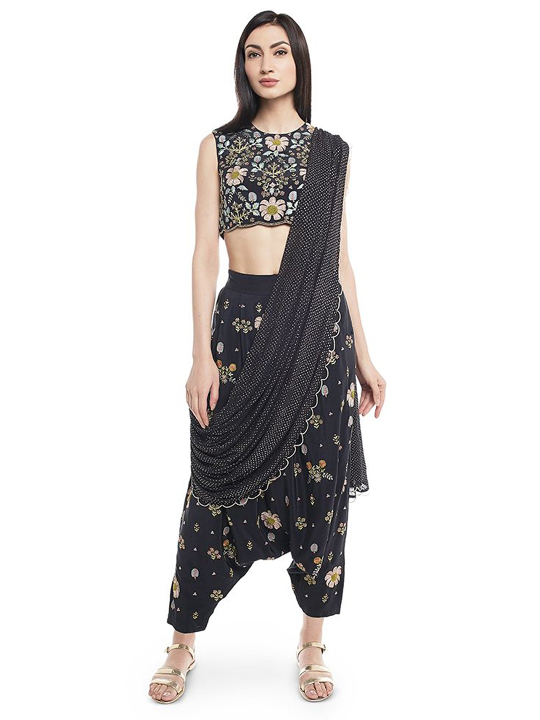 

Payal Singhal Printed Ready to Wear Lehenga Low Crotch Pant with attached Drape Dupatta, Black