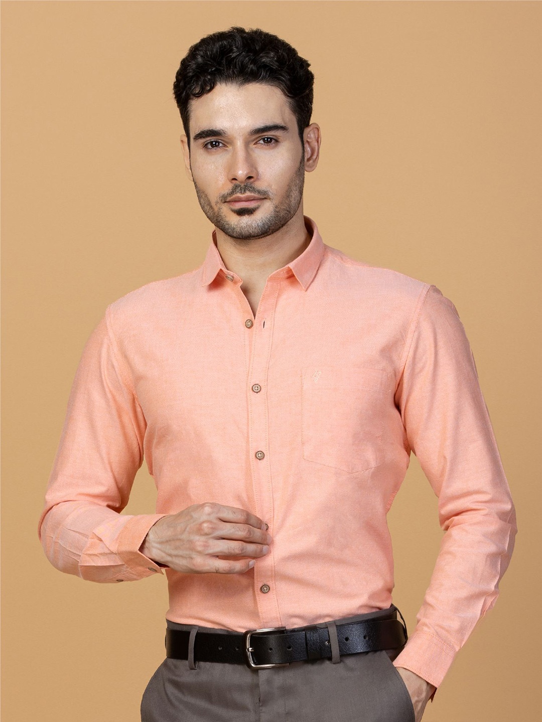 

Berkshire Men Comfort Spread Collar Solid Cotton Slim Fit Formal Shirt, Peach