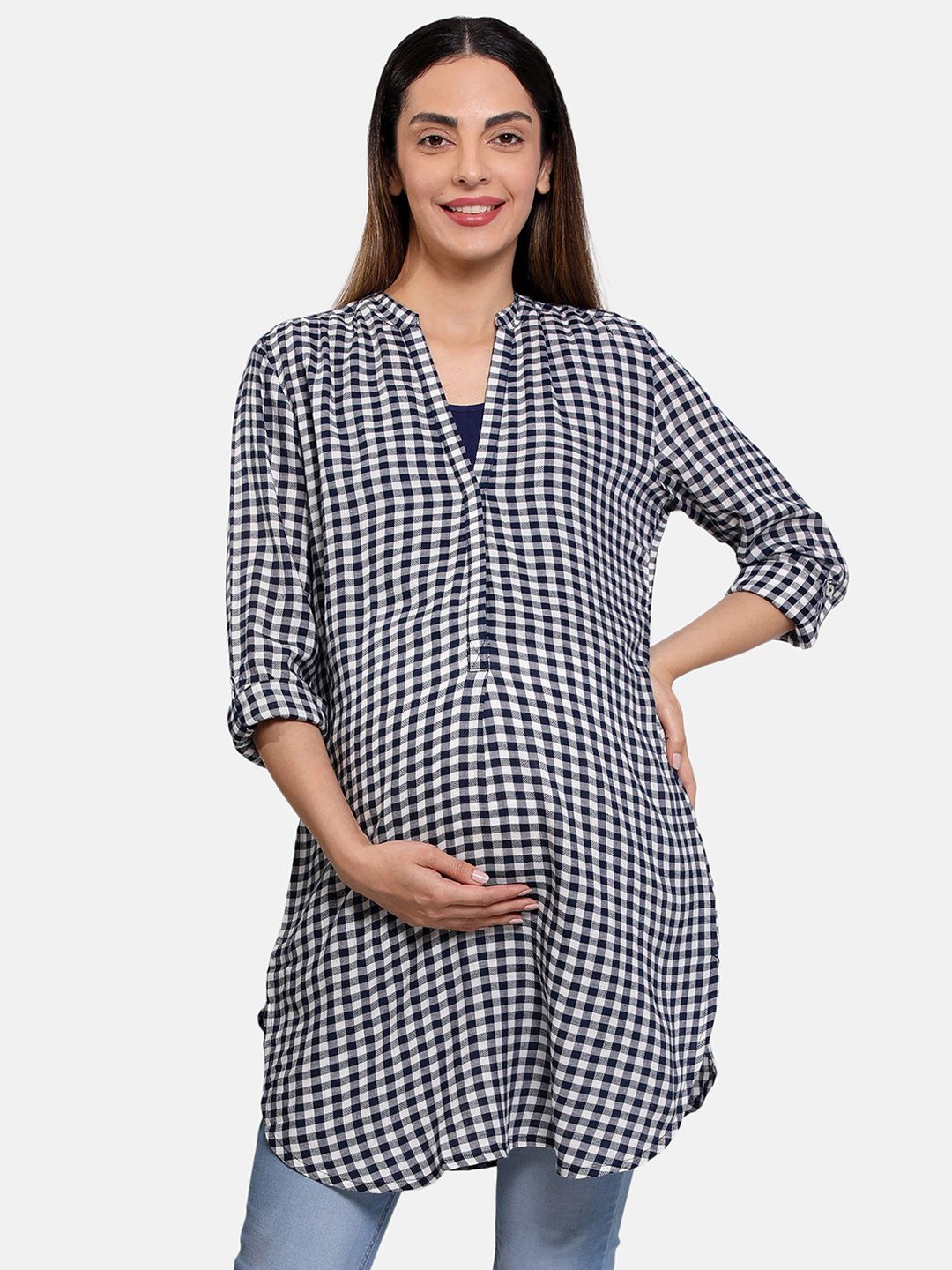 

MINI KLUB Women Checked Mandarin Collar Roll-Up Sleeves Woven Longline Maternity Top, Black