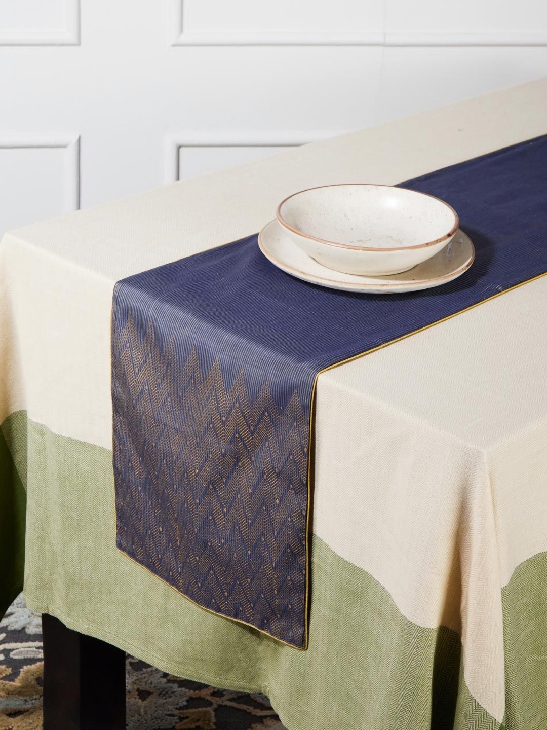 

Fabindia Blue & Gold Toned Geometric Printed Cotton Silk Table Runner