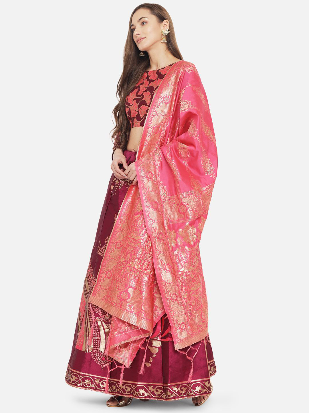 

MAGMINA Woven Design Semi-Stitched Zari Lehenga & Unstitched Blouse With Dupatta, Maroon