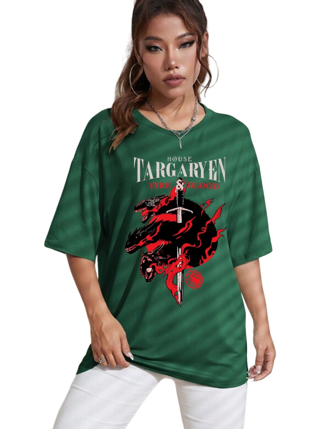 

TABADTOD Women Graphic Printed Drop Shoulder Sleeves Oversized T-shirt, Green