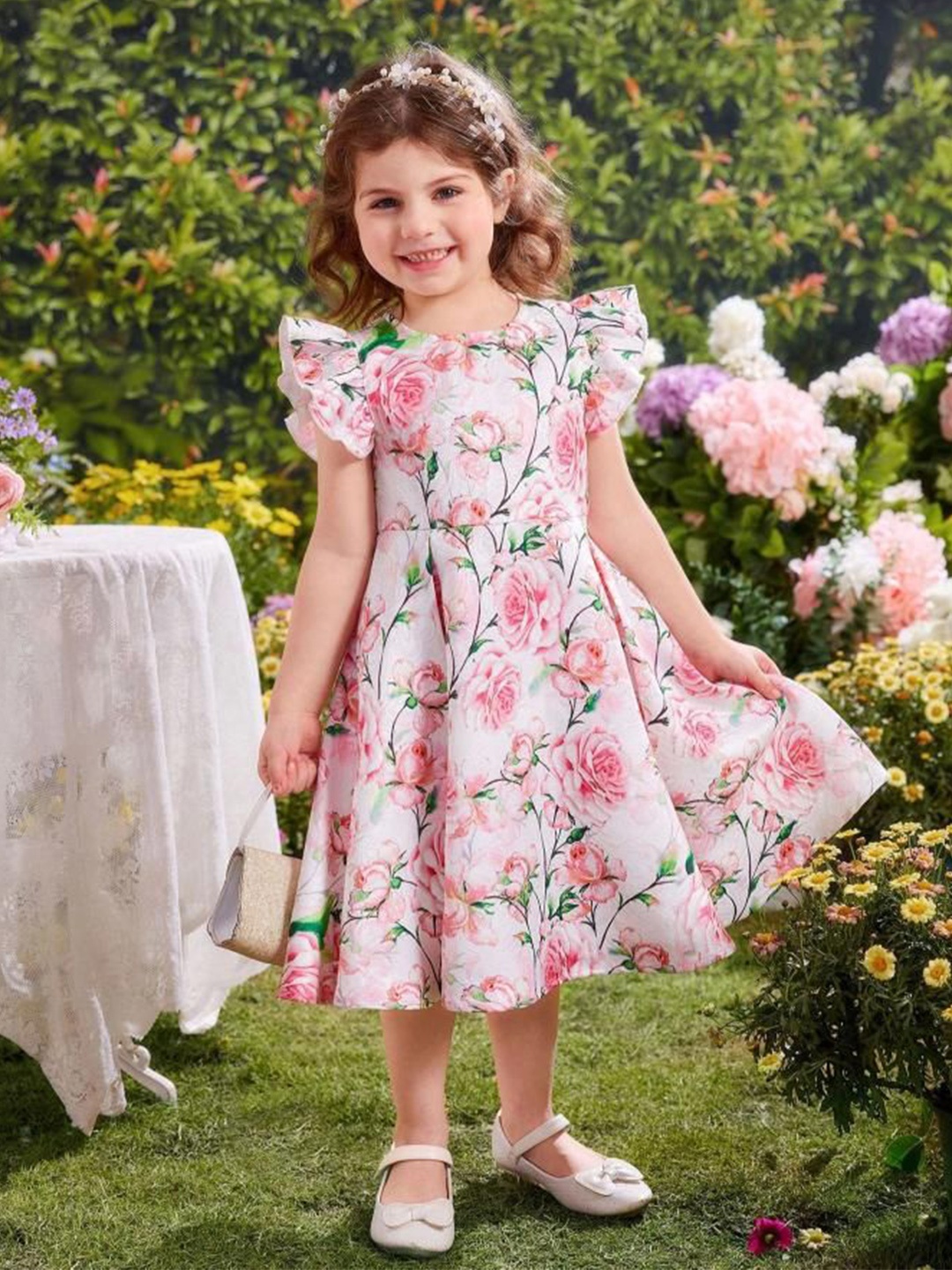 

BAESD Girls Floral Printed Flutter Sleeve Fit & Flare Dress, Peach