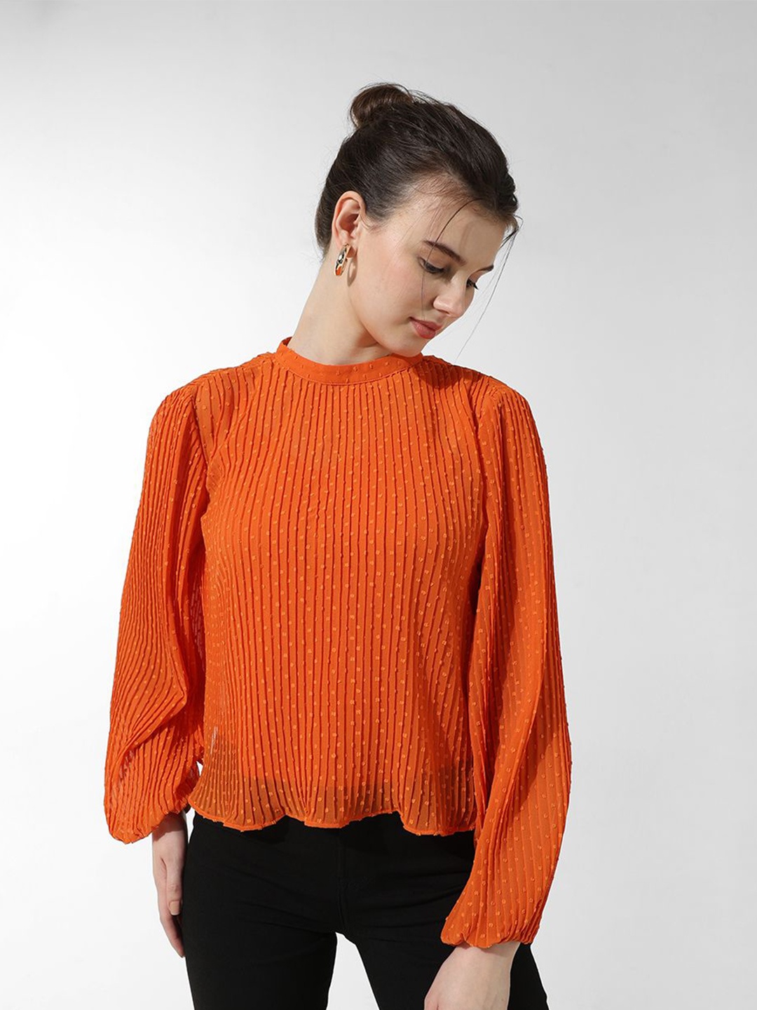 

ONLY Women Self Design Cuffed Sleeves Top, Orange