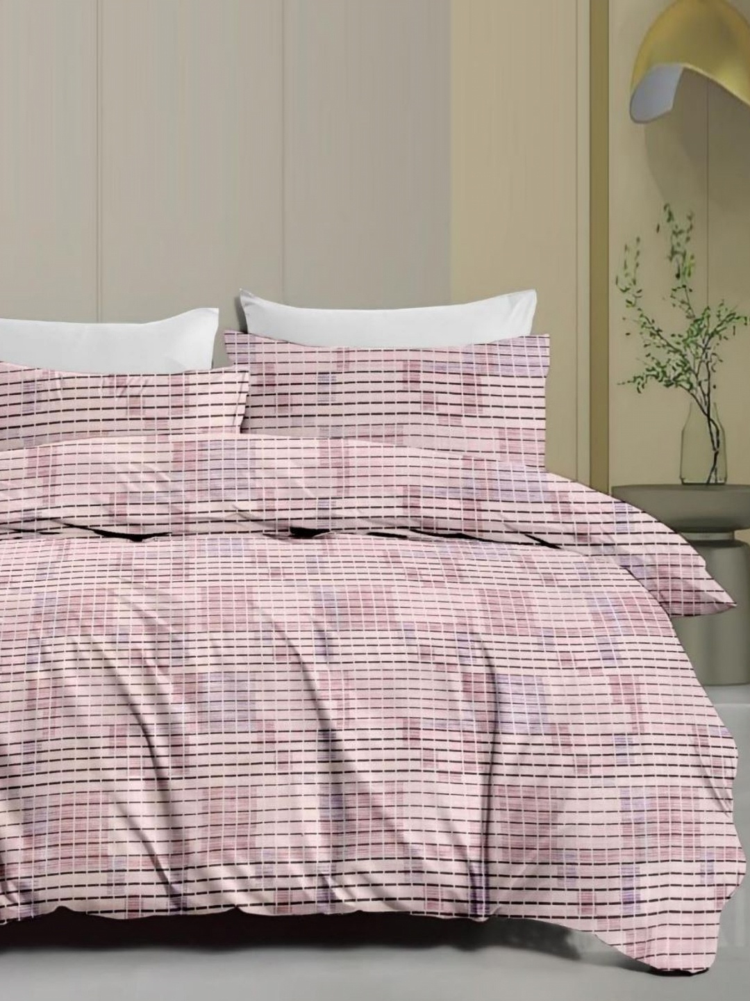 

Signature Pink & Grey 160 TC Queen Bedsheet with 2 Pillow Covers