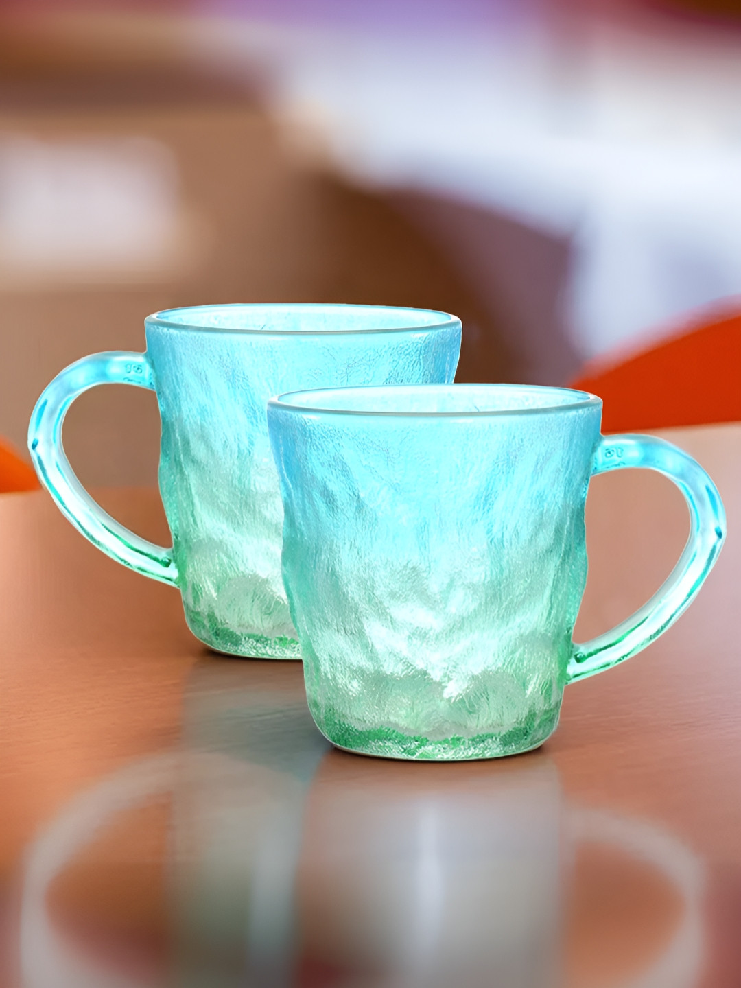 

UMAI Blue & Green 2 Pieces Textured Glass Glossy Finished Mugs 280 ml Each