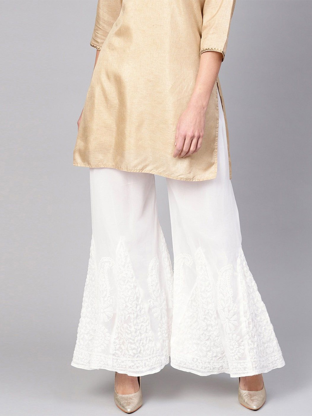 

KHAKA Women Floral Embroidered Flared Palazzos, White
