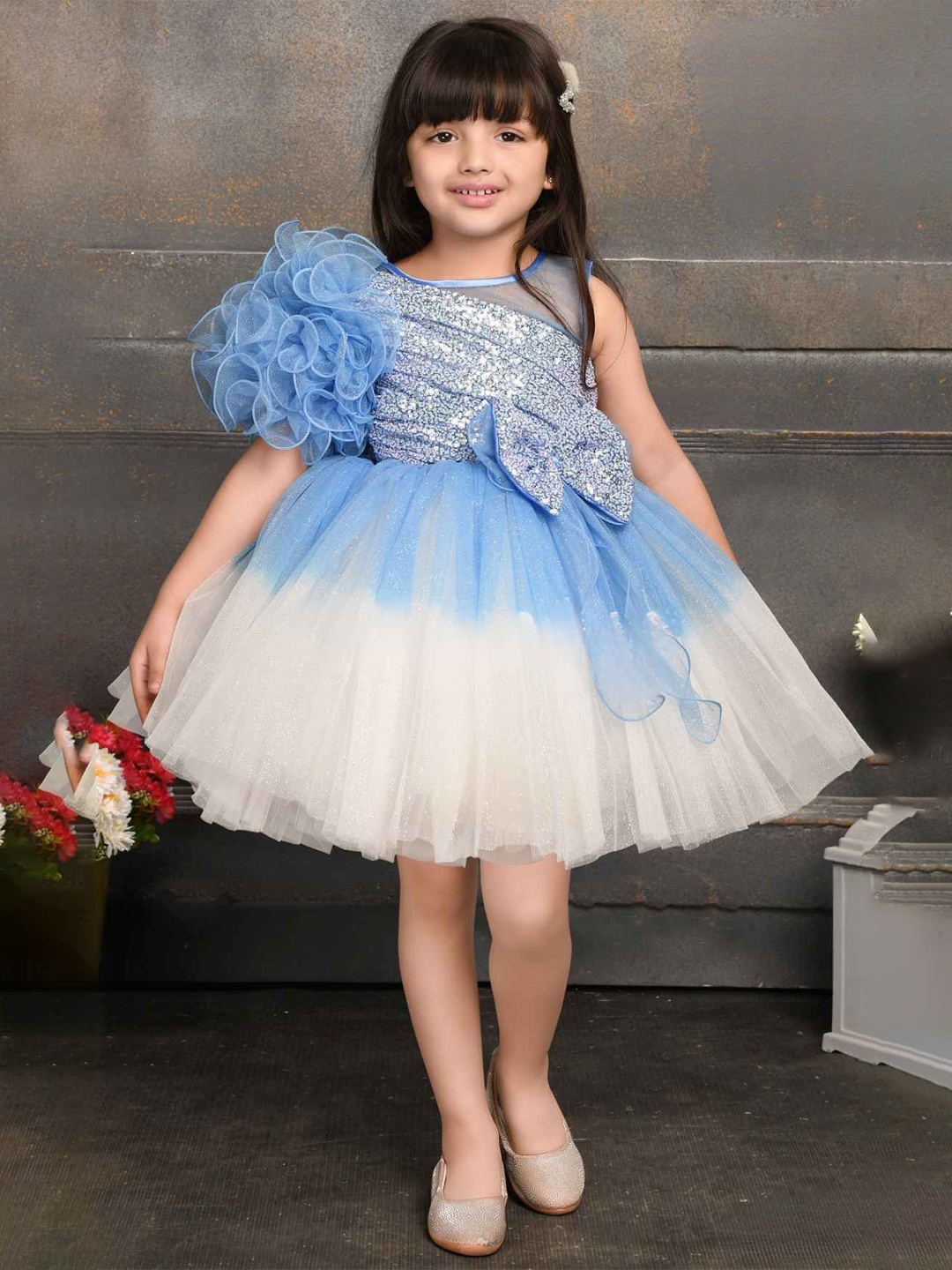 

Lagorii Girls Sequined Flutter Sleeve Net Fit & Flare Dress, Blue