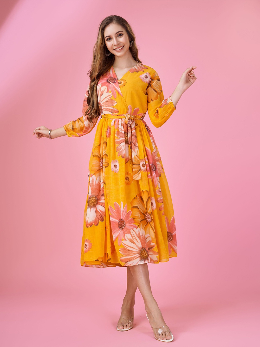 

MOJILAA Floral Printed Georgette Wrap Midi Dress, Mustard