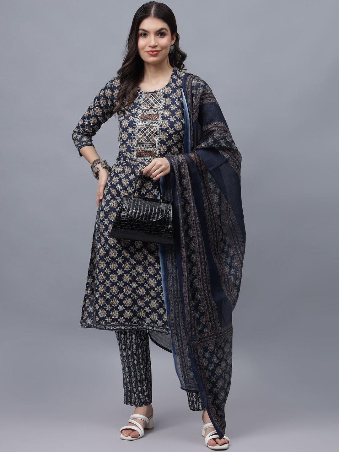 

ADAA JAIPUR Floral Printed Thread Work Pure Cotton Straight Kurta with Trousers & Dupatta, Navy blue