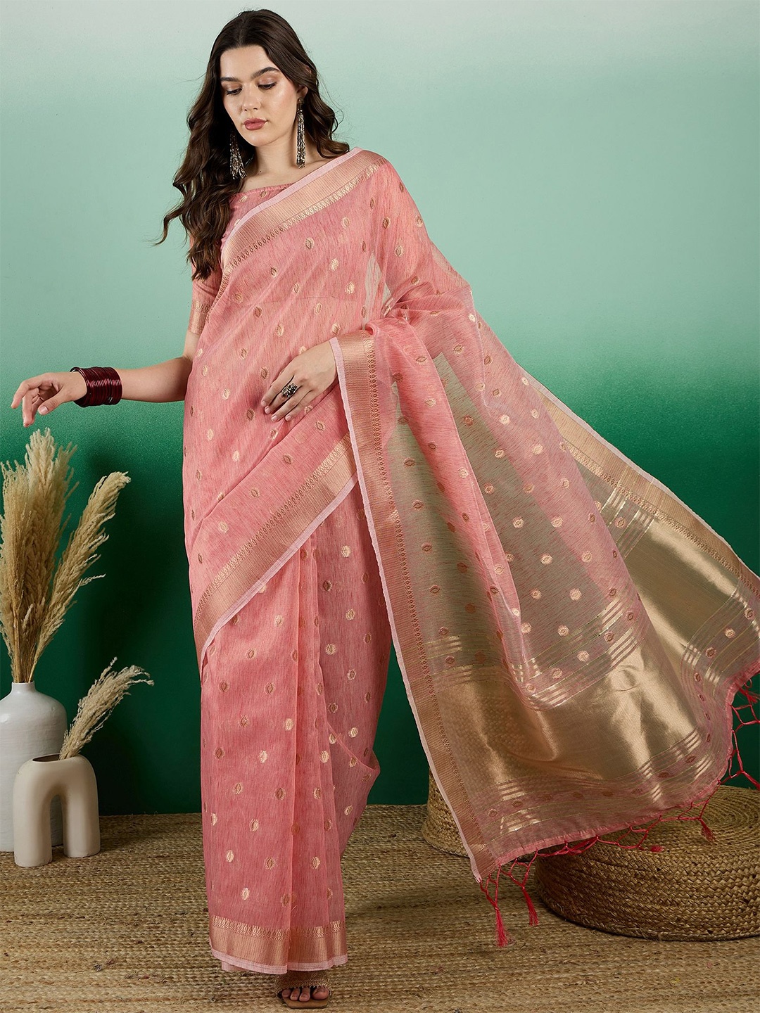 

VIRICA Woven Design Zari Organza Khadi Saree, Peach