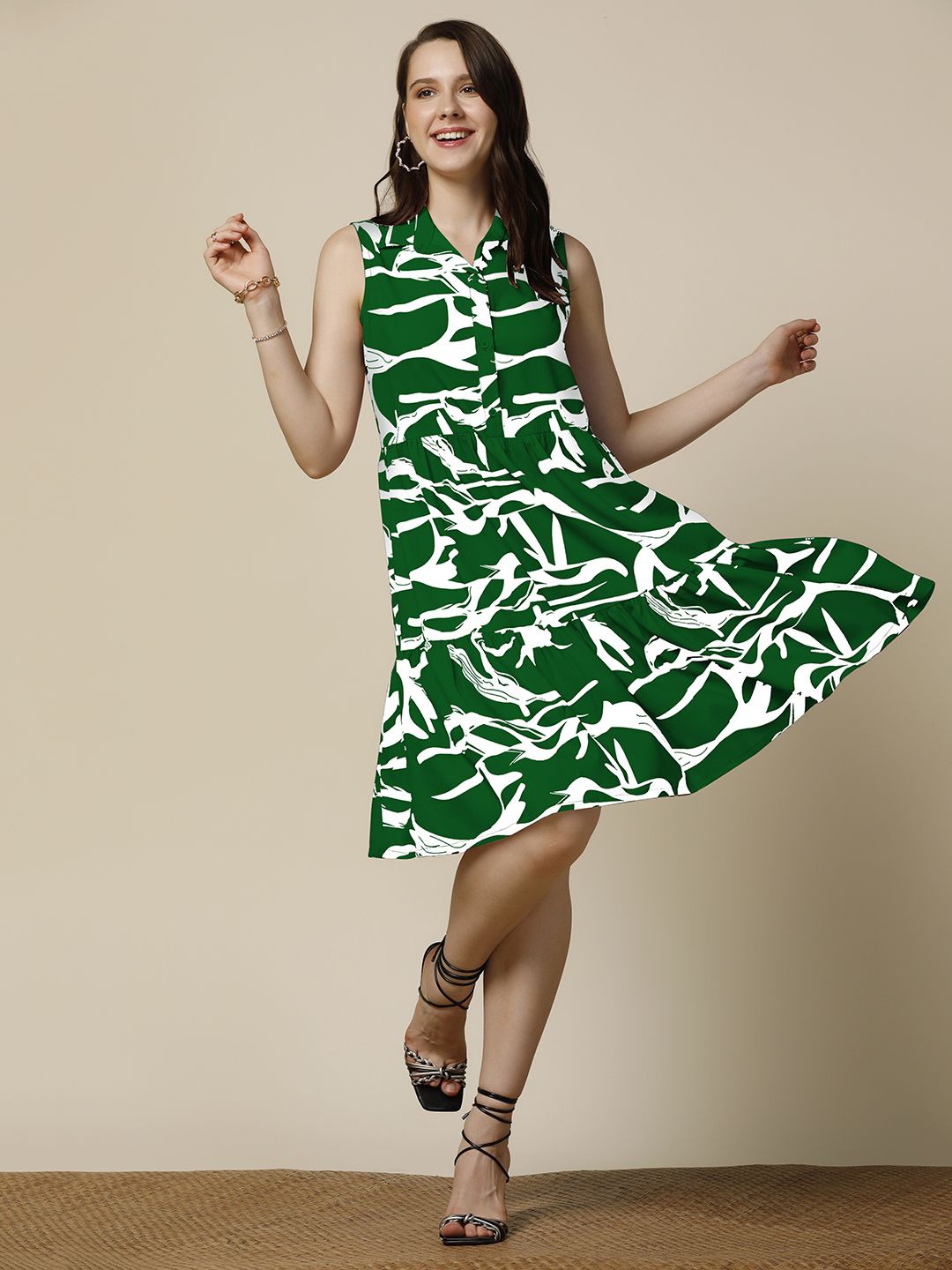 

OMPAX Shirt Collar Printed A-Line Dress, Green