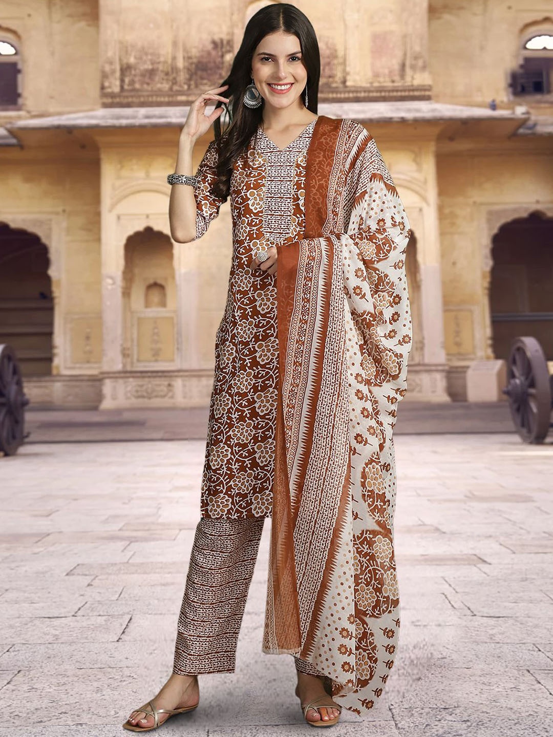 

Ethnic basket Floral Printed Pure Cotton Kurta with Trousers & Dupatta, Rust