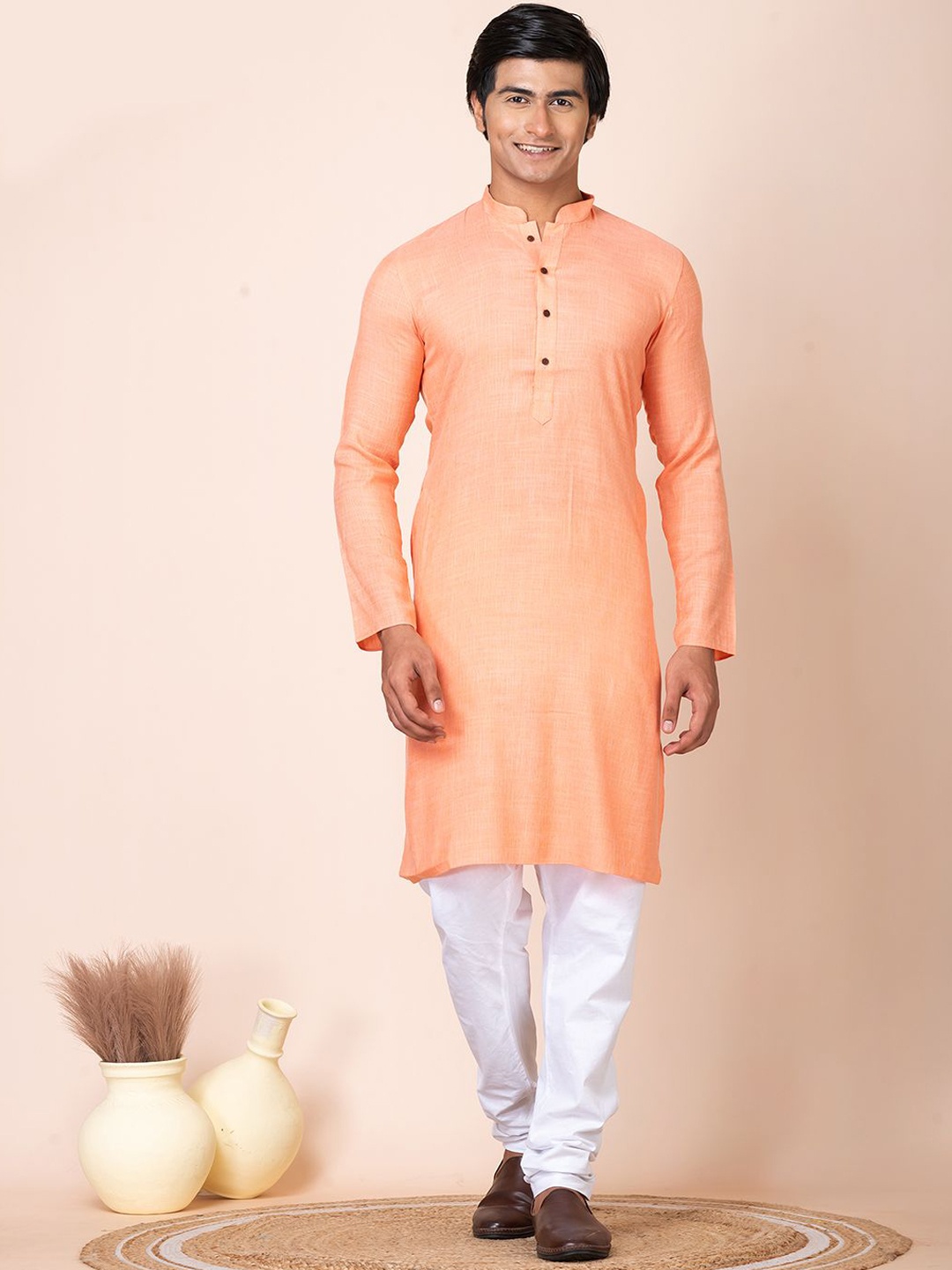 

HU - Handcrafted Uniquely Woven Design Mandarin Collar Straight Kurta, Peach