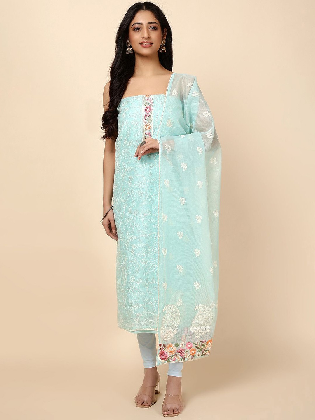 

Meena Bazaar Floral Embroidered Unstitched Dress Material, Blue