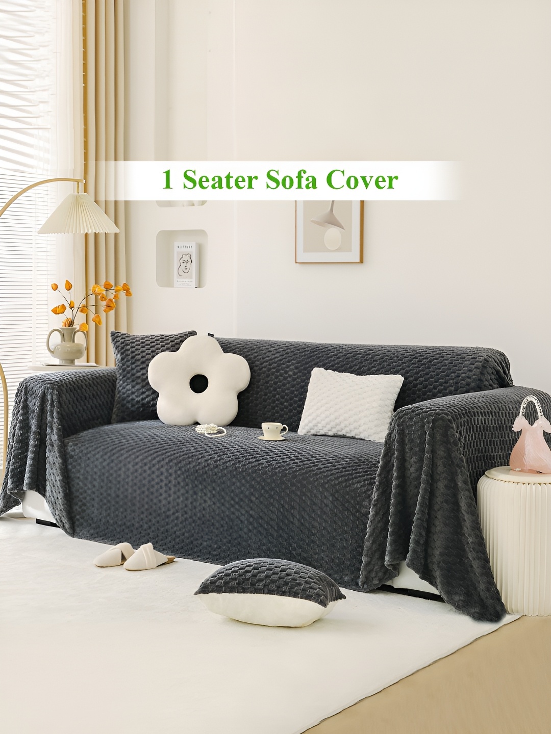 

HOKIPO Charcoal Grey Self Design Single Seater Sofa Throw