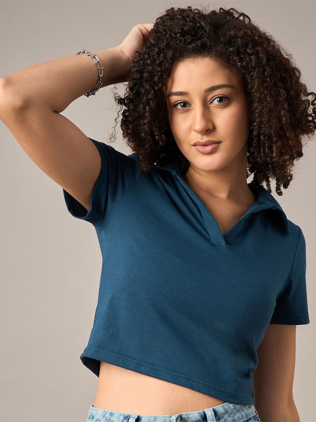 

The Roadster Lifestyle Co Cotton Crop Polo T-Shirt, Teal