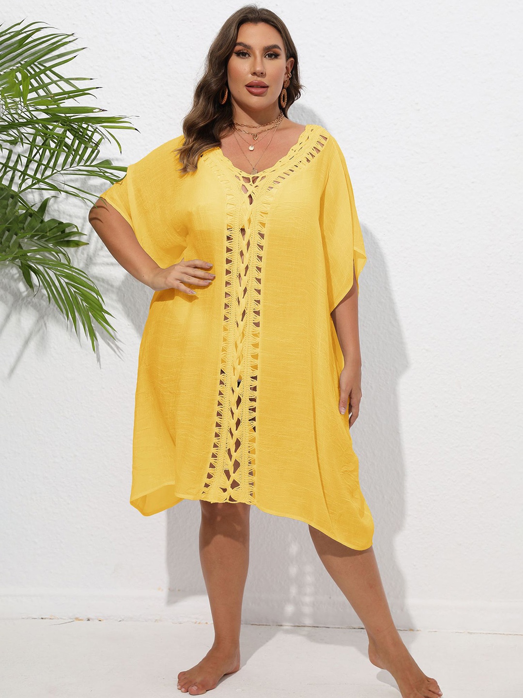 

LULU & SKY Macrame-knit Detail Plus Size Midi Swimwear Cover up Top, Yellow
