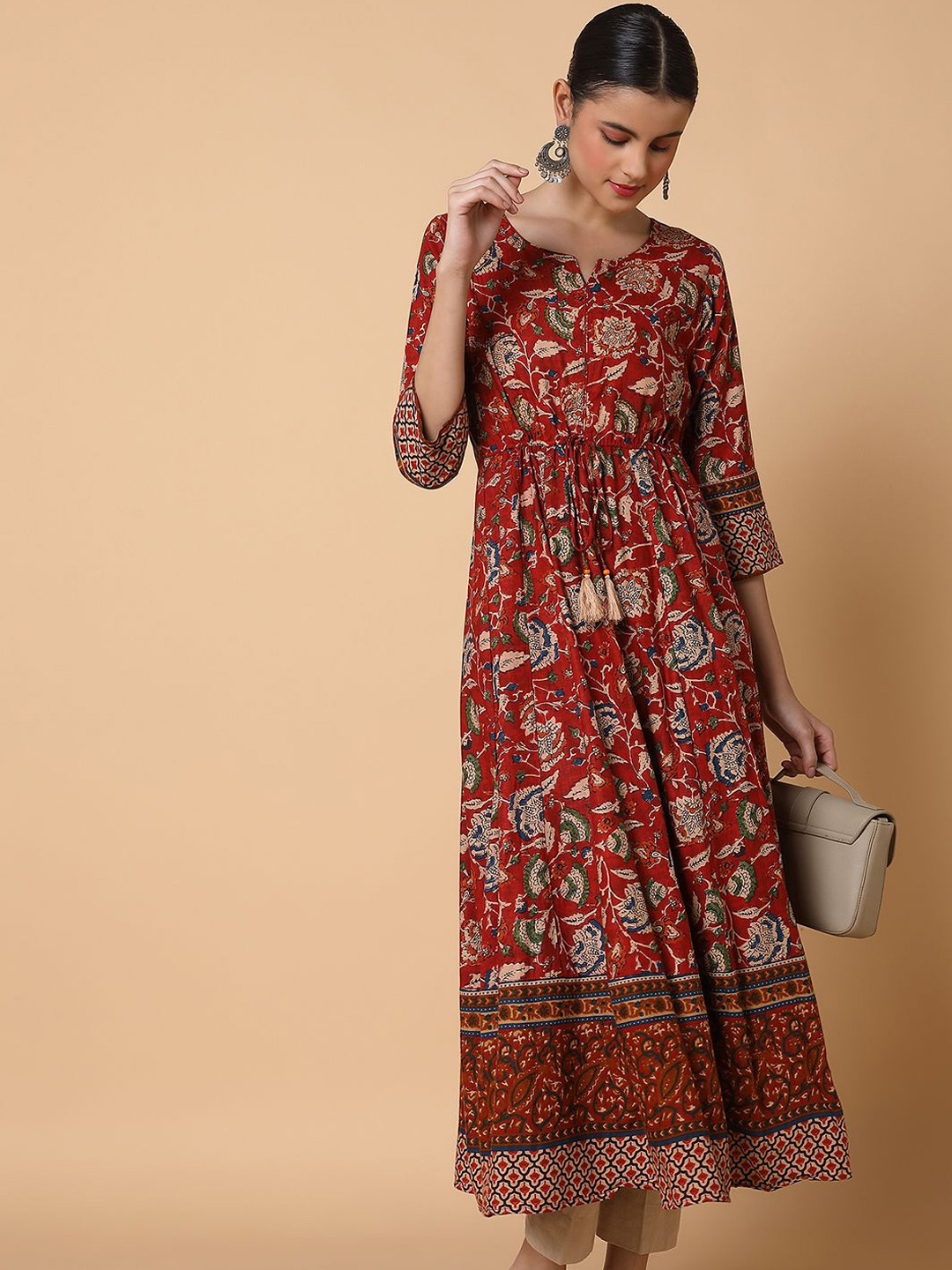 

SHOWOFF Floral Printed Notch Neck Cotton Anarkali Kurta, Maroon