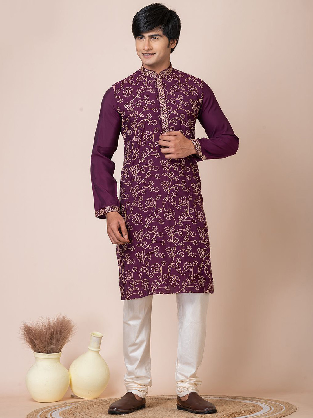 

HU - Handcrafted Uniquely Floral Embroidered Thread Work Chanderi Silk Kurta with Churidar, Purple