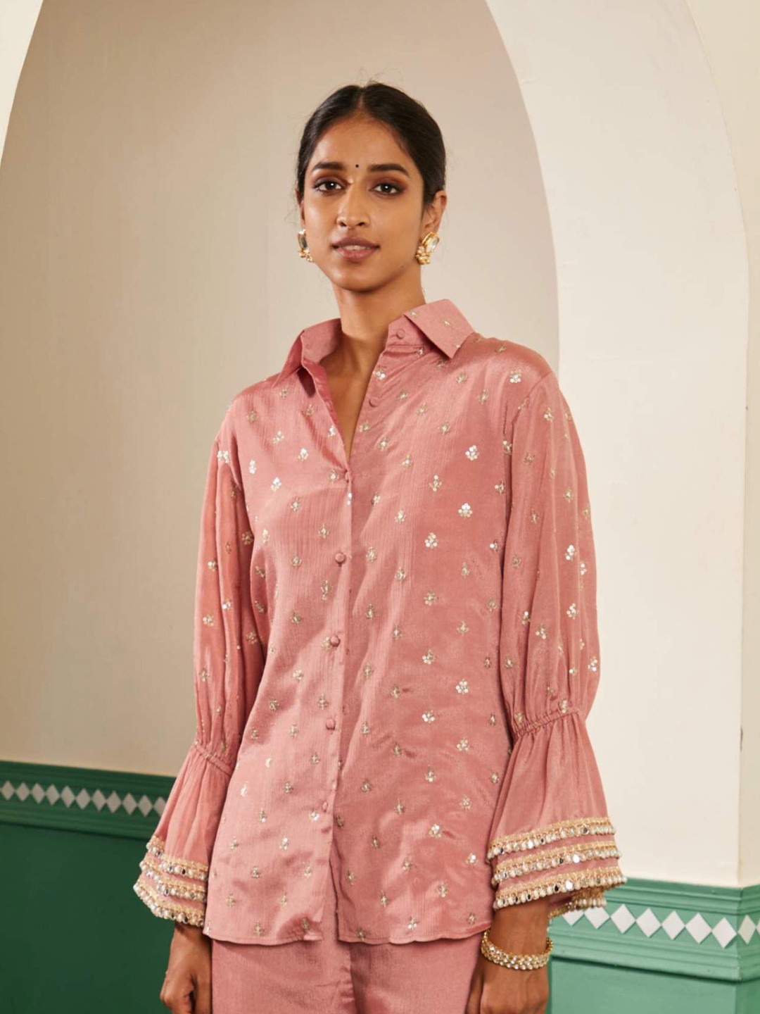 

Alaya By Stage3 Women Embroidered Shirt Collar Bell Sleeves Top, Pink