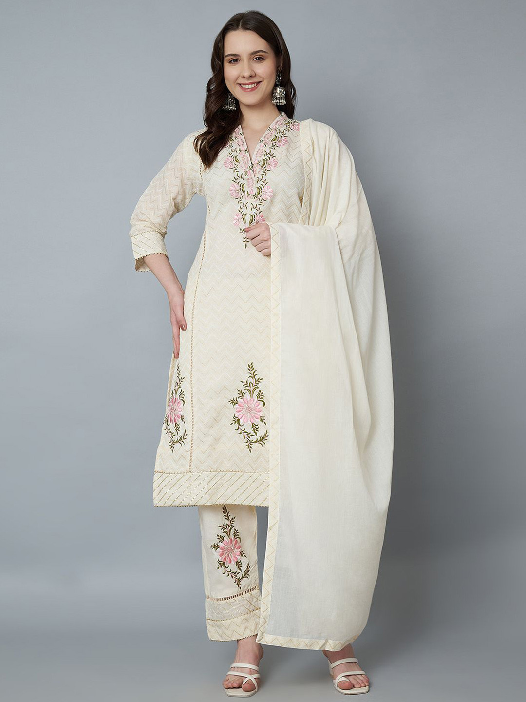 

Trend Level Embroidered Regular Thread Work Kurta With Trousers & Dupatta, Off white