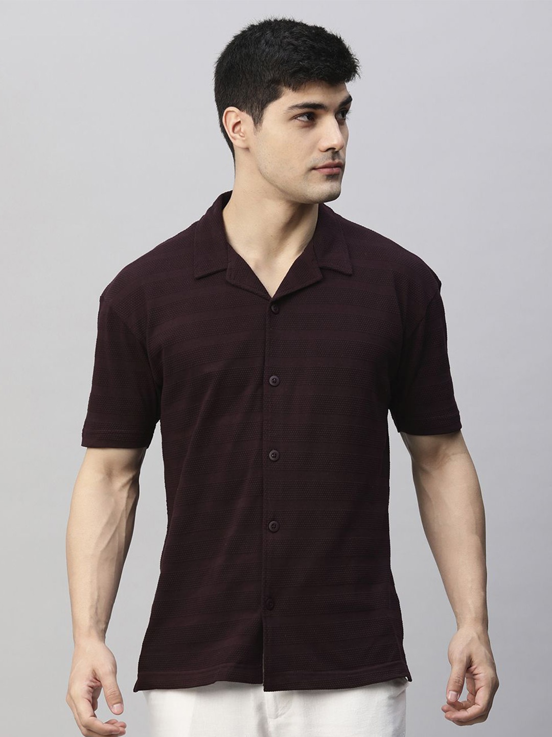 

PRONK Men Cuban Collar Solid Cotton Casual Shirt, Maroon